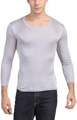 MOONSIYU Mens Soft Silk T-Shirts Long Short Sleeve Pure Silk Dress Tee Shirts Breathable V-Neck Undershirt Top(RL-Silver,XL)