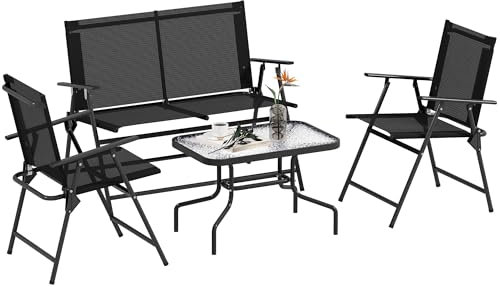 Outsunny Outdoor 4 Pieces Patio Furniture Set with Breathable Mesh Fabric Seat & Backrest, Garden Set with Two Foldable Armchairs, a Loveseat & Glass Top Table, Black