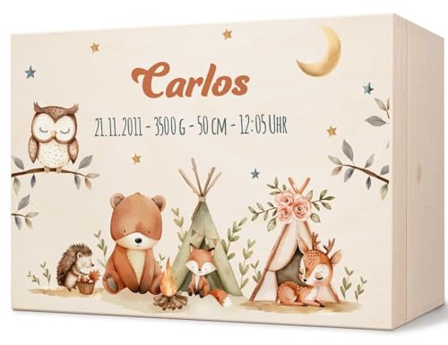 GRAVURZEILE Erinnerungskiste für Babys - Tiere zelten - Personalisiert mit Name & Datum - Holzkiste für Mädchen & Jungen - Geschenk für Baby zur Geburt - Erinnerungsbox für Neugeborene