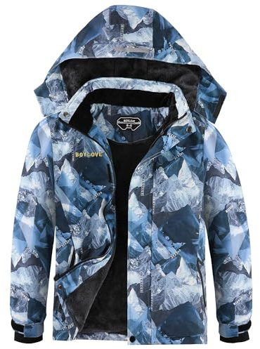 Jungen Skijacken Wasserdichter Wintermantel Fleece Winddichte Snowboardjacke mit abnehmbarer Kapuze, Gletschergrau, 14-16