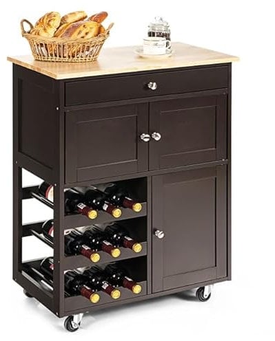 COSTWAY Desserte de Cuisine à roulettes, Rangement Cuisine Plateau en Bois d'Hévéa, Tiroir, Porte-Bouteilles à 3 Niveaux et 2 Placards, Idéal pour Restaurant, Bar, 37 x 67 x 86 cm (Marron)