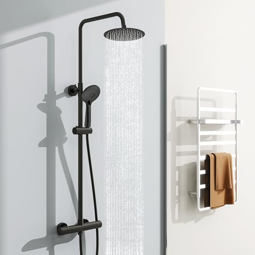 Simple Bathroom Thermostatic Shower Mixer Set - Stainless Steel Shower System with Adjustable Slide Bar, 20cm Rainfall and Handheld Showerhead, Matte Black
