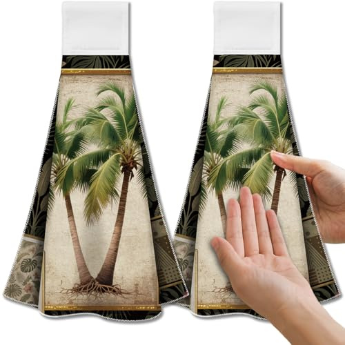CUTHOLLOW 2 Pcs Tropical Palm Trees Hanging Kitchen Towels with Loop | Soft Microfiber Decorative Funny Hanging Dish Towels, Tea Coffee Towel for Kitchen Bathroom Oven Handle for Kitchen Daily Use