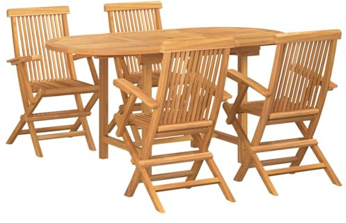 Hoopleep Garten Essgruppe 5-teilig, Braun Massivholz Teak, geölt, 160x80cm, für Outdoor, robust & langlebig