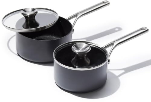 OXO Ceramic Professional Non-stick Saucepan Set with Lids, 16 cm & 18 cm | 16 cm/1.6 L & 18 cm/2.1 L, Diamond-Reinforced No-PFAS Ceramic, Induction-Ready Bases, Oven Safe to 200°C, Dishwasher Safe