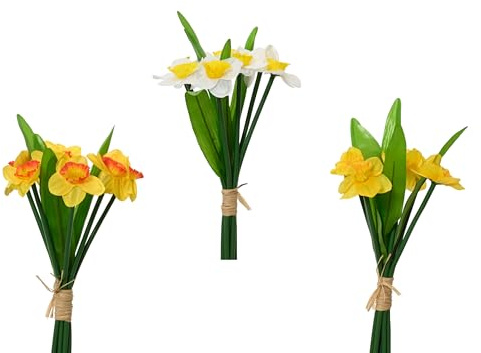 Decoris Künstlicher Blumenstrauß Narzissen 13x25cm 1 Stück Sortiert - Osterglocken Kunstblumen Osterstrauß - Frühlingsdeko Osterdeko Sommerdeko - Gelb Weiß Grün