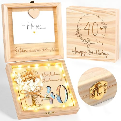 40 Geldgeschenke Geburtstag Holz, Geschenk zum 40 Geburtstag Frauen Männer | 40 Geldgeschenk Verpackung Geschenkbox mit LED Lichterkette, Geburtstagsgeschenk für Familie, Freunde, Mutter