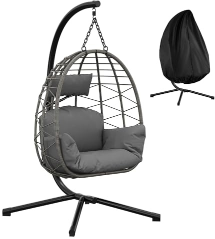 GarveeMore Hängesessel Mit Metallgestell & Schutzhülle, Dicke Kissen, Rattan Hängeschaukel Deko Für Wohnzimmer, Jugendzimmer, Balkon, Indoor Und Outdoor, Kinder & Erwachsene, Belastbar Bis 130kg