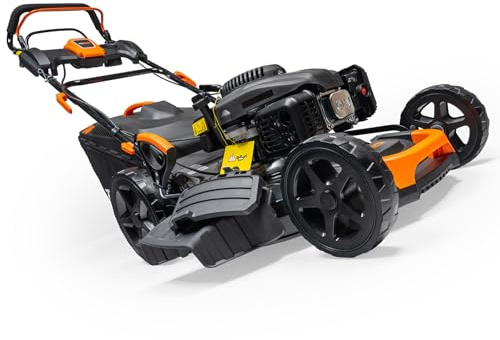 TOP CUT TC-LS-51-196L-E - Tosaerba a benzina con trazione a ruota e avviamento elettrico, motore da 196 cc, larghezza di taglio 51 cm, funzione pacciamatura 4 in 1, scarico laterale, cesto di raccolta