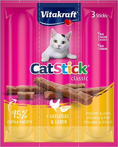 VITAKRAFT - Golosinas para gatos «Cat-Stick Mini», con aves e hígado, comida para gatos, bolsa fresca de 3 palitos de 6 g