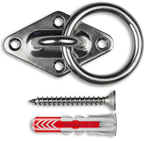 Edelstahl Halterung mit Edelstahl-Schrauben und Dübel - rostfrei - Augplatte mit Ring-Öse - für Sling-Trainer, Sonnensegel / Wand-Befestigung, Decken-Befestigung, Wand-Haken, Decken-Haken