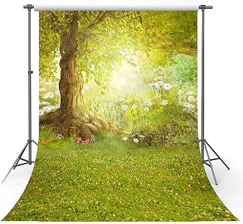 MEHOFOTO Fotohintergrund für den Frühling, Ostern, Wald, großer Baum, Wiese, Gras, weiße Blume, Märchen, Fotostudio, Stand-Hintergrund, 1,5 x 2,1 m