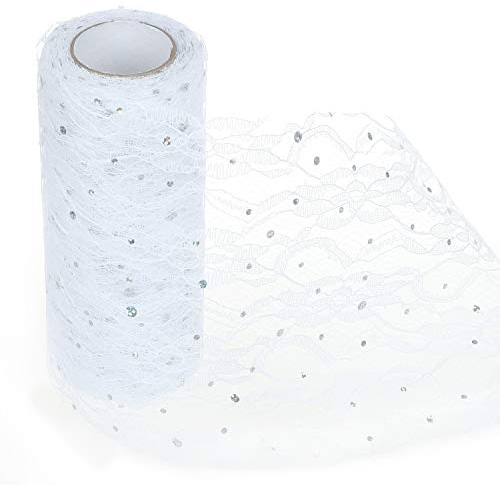 TsunNee Lace Chair Sash, Spitzen Tischläufer, Tutu-Material, Spitzenschleife für Hochzeitsstuhl Tischdekoration, 15cm x 9,1m, Pailletten, Weiß