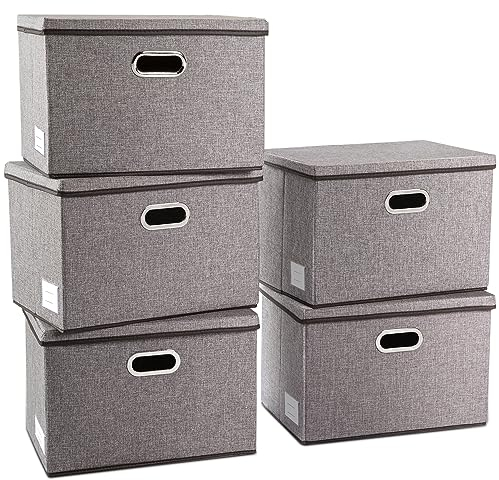 PRANDOM Aufbewahrungsbox mit Deckel Groß,Faltbarer Leinen Stoff Aufbewahrungsboxen, Aufbewahrungskorb mit Griff,Dekorative Stapelboxen,Organizer Container,Grau[5-stück] 43x30x30cm