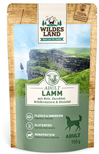 WILDES LAND – Lamm | Nassfutter mit extra hohem Fleischanteil und natürlichen Zutaten für ausgewachsene Hunde. Alleinfutter ohne Zusatzstoffe in der Dose | 8x150g Lamm