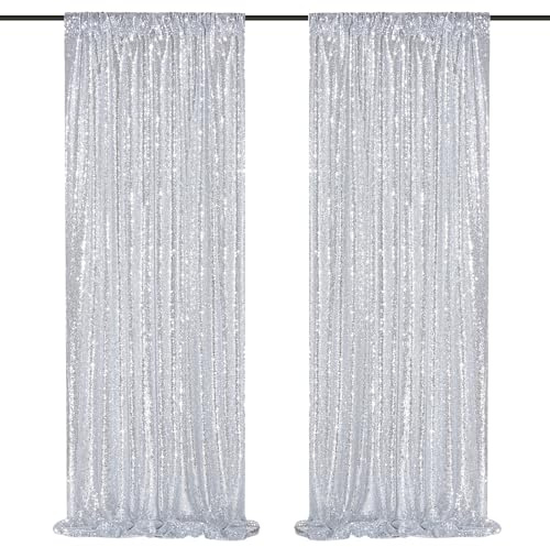 Silberner Pailletten-Hintergrund, 2 Paneele, 60 x 2,4 m, Weihnachtsfeier-Hintergrund, Vorhänge, Glitzer, Fotohintergrund für Hochzeit, Babyparty, Bühnendekorationen