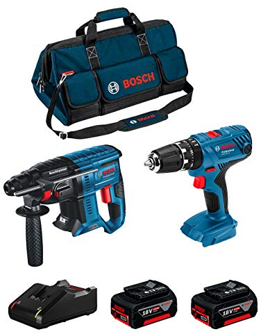 BOSCH Kit 18V BK207BAG (Martello Perforatore GBH 18V-21 + Trapano a Percussione GSB 18V-21 + 2 Batterie di 5,0 Ah + Caricabatterie + Borsa)