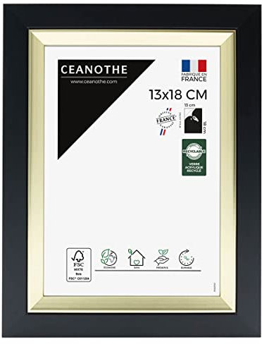 Ceanothe Cadre Photo 13x18 cm Noir et Doré Convient au A6 et Carte Postale Baguettes avec finition intérieure de la Collection Actual Verre acrylique Incassable Fabriqué en France