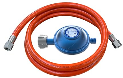 CAMPLUX GE100B Gasdruckregler 50mbar mit 150 cm Schlauch, W21,8 × 1/14 LH auf G1/4-LH, 1,7 kg/h Durchflussleistung, Gasregler für Gasgrill, Kocher und Heizgeräte