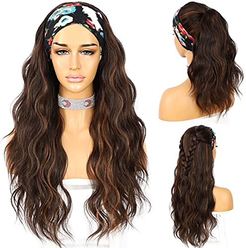 Sapphirewigs Body Wave Stirnband Perücke synthetische lange wellige braun Perücken für Frauen kleberlos natürlich aussehen 150% Dichte 26 inch