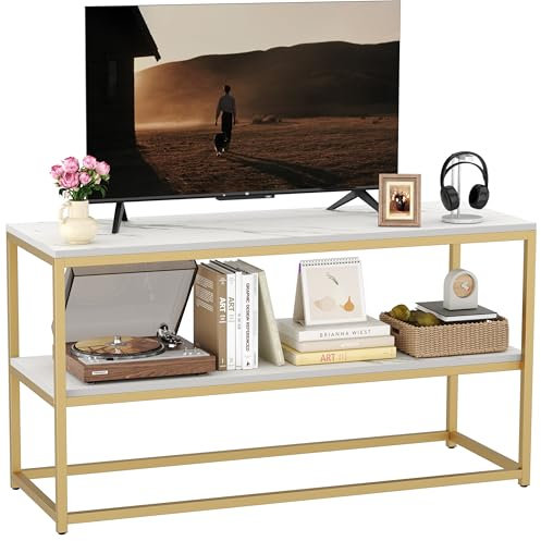 Function Home 42 TV Stand for TVs up to 50 Inch,Modern TV Console Table,Gold Sofa Entry Table with Faux White Marble Top and Gold Metal Frame for Living Room, Bedroom