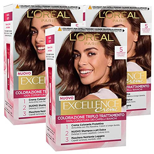 L'Oréal Paris Excellence Creme - Coloración permanente, 5 castaño claro, triple tratamiento, 3 tintes