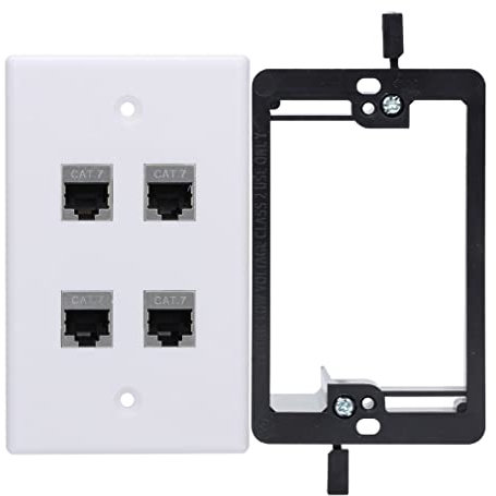 YOEMELY Cat7 Keystone Wall Plate 4 Port, 1 Gang RJ45 Wall Plate with Ca7 Coupler Female to Female and Wall Plate Bracket for Networking Cable Outlet (White, 1 Pack)