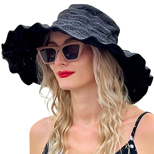 VECRY Femme Vintage Plage Chapeau de Soleil Pliage de Voyage Large Bord D'été Chapeaux (Noir,M)