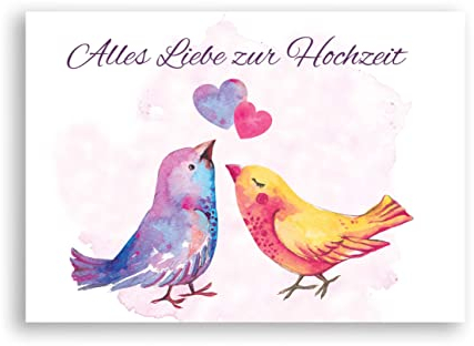 Friendly Fox Hochzeitskarte, 1x Karte zur Hochzeit mit Aquarell Vögeln, Alles Gute zur Hochzeit, DIN A6 Karte inkl. Umschlag