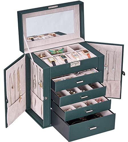 ANWBROAD Jewelry Storage Organizer Jewelry Case with 4 Drawers and Mirror, Lockable Jewelry Boxes for Women, Sturdy UJJB003G, Dark Green