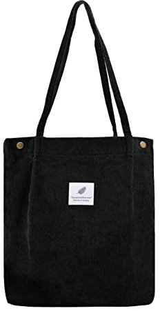 Damen Große Handtasche Kord Shopper Cord Tote Bag für Bücher Reisen Alltag Schule Arbeit Einkaufstasche für Mädchen 40x41cm schwarz