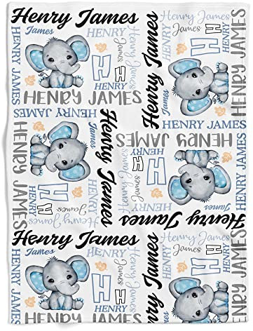 YINGD Personalisierte Decke für Baby, Jungen-Name, Elefant-Decke für Kinder, Elefantendecke, Babydecke mit Elefanten, Babydecke, Baby-Elefantendecke, Babydecke für Jungen