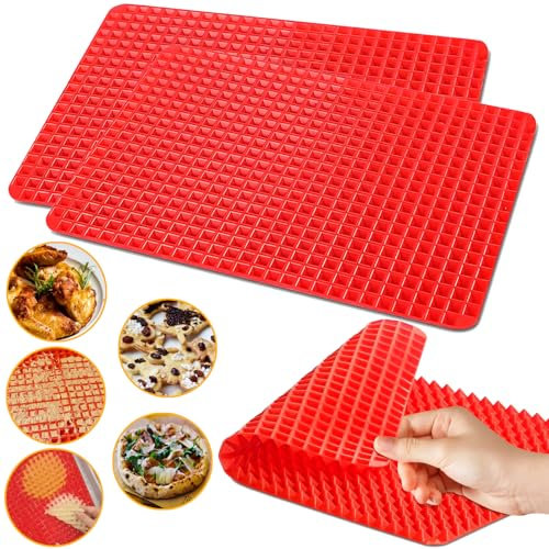 ShangPinFeiLi Silicone Baking Mat Pyramid Sheets Cooking Pan 16x11 2 Pack-Red，Best Healthy Fat Reducing Nonstick Cooking Mat for Baking Mat with Grid for Oven Grilling BBQ, Baking and Roasting