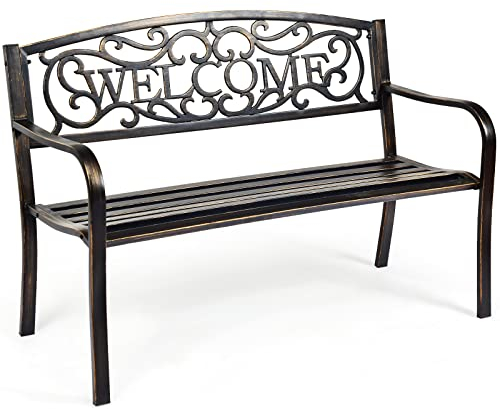 KOMFOTTEU Gartenbank Metall, Sitzbank mit Rückenlehne und Armlehne, Parkbank Wetterfest, Ruhebank aus Eisen, 127 x 63 x 88 cm, für Balkon, Garten, Terrasse