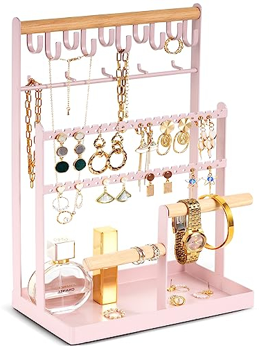 Procase Porte Bijoux Présentoir à Bijoux en Metal et Bois Durable avec Plateau et Crochets, Porte Collier Boucles d’Oreille, Organisateur de Bijoux -Rose