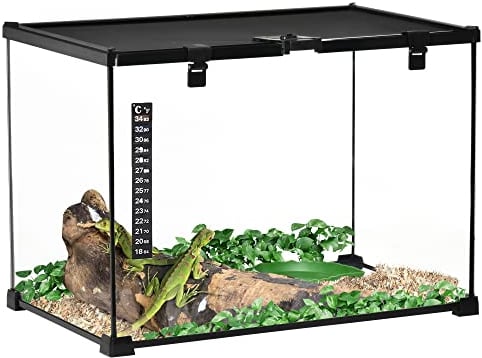 PawHut Boîte à Reptiles boîte d'élevage de Reptiles Habitat de Terrarium Transparent Couvercle Coulissant Treillis métallique Distributeur d'eau thermomètre Inclus Verre métal 50x30x35 cm Noir