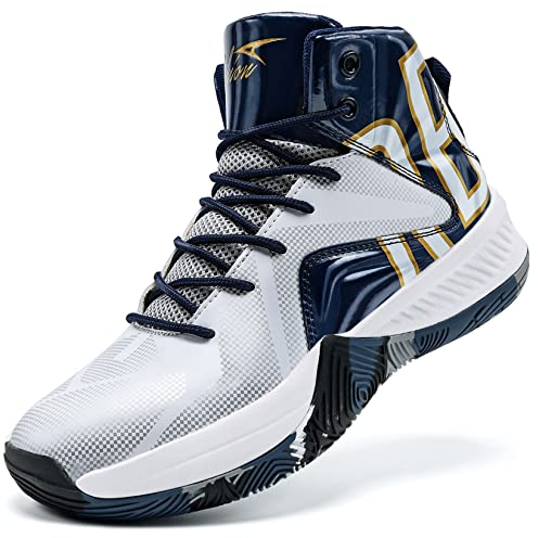 ASHION Herren Basketballschuhe High-Top Sportschuhe Tennis Schuhe Herren Gym Sneaker Hallenschuhe,Weiß und Blau,45 EU