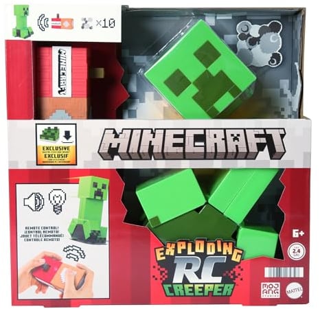Mattel Minecraft Creeper explosivo, Figura de acción teledirigida con luces y sonidos y 10 piezas de explosión que se lanzan por el aire, juguete regalo para niños y niñas +6 años, HRR48