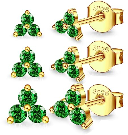 MASOP Ohrstecker Gold Set, 3 Klein Grün Zirkonia Silber 925 Ohrringe Stecker 585 Vergoldet 3mm/4mm/5mm Schmuck Geschenke für Frauen Damen Mädchen