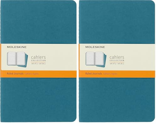 Moleskine Cahier Journal, Set 3 Notebooks with Ruled Pages, Cardboard Cover with Visible Cotton Stiching, Colour Brisk Blue, Large 13 x 21 cm, 80 Pages (Pack of 2)