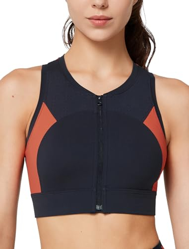 Yvette Sport BH Damen Starker Halt Sport-Tshirt mit Vorderverschluss Ringerrücken Lauf Fitness Bra, Navy, L