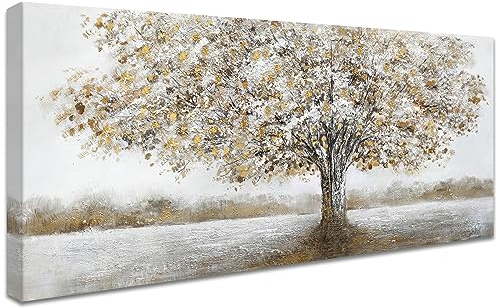 Fleur blanche Feuilles d'or Arbre Cadre en bois Grande Impression sur Toile Peinture Affiche Decoration Mural Abstrait Image sur Toile Tableau Decoration Murale Salon Chambre 50x120cm/20x48Inch