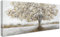 Fleur blanche Feuilles d'or Arbre Cadre en bois Grande Impression sur Toile Peinture Affiche Decoration Mural Abstrait Image sur Toile Tableau Decoration Murale Salon Chambre 50x120cm/20x48Inch