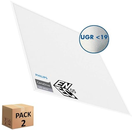 Pack Panel LED 60x60 cm 40W, 2 unidades para Falso Techo, Driver Philips CertaDrive, UGR19, Paneles de Gran Luminosidad 4800 lúmenes, No Flick, Marco Blanco, Driver Incluido (Luz Blanca (5700K))
