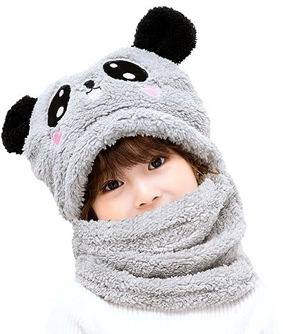 MK MATT KEELY Kinder Winter Mütze Junge Mädchen 2 in 1 Warme Cartoon Panda Schal Ohrenklappe Ski Mütze Set,Grau,5-8 Jahre