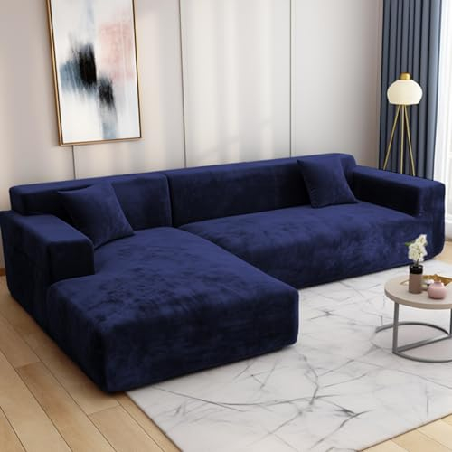 HEYOMART Sofabezug Ecksofa L Form Stretch Plüsch Sofa Überzug Universal Couchbezug Für 1/2/3/4 Sitzer - 4 Sitzer, Blau (L Form Ecksofa Erfordert Zwei)