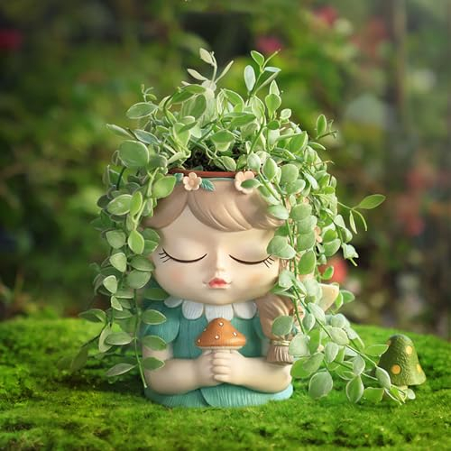 Vaso a Forma di Testa, Vasi per Piante da Interno da Ragazza in Resina con Fori di Drenaggio, Meditazione, Preghiera e Ragazza dei Funghi, Carino Vaso Decorativo da Interno per Piante Grasse