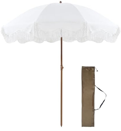 Blanco Sombrilla Terraza Exterior 200cm Boho Sombrilla De Playa Protección UV Parasol Jardín Exterior Con Flecos Portátil Sombrilla De Exterior Con Bolsa Para Outdoor Holiday Césped Patio Mesa