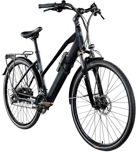 ZÜNDAPP Ebike Damen 28 Zoll Trekkingfahrrad | E Bike 24 Gänge 155-170 cm Elektro Fahrrad | E-Bike Elektrofahrrad mit hydraulischen Scheibenbremsen | Z810 (schwarz/grau mit Faltschloss, 50 cm)