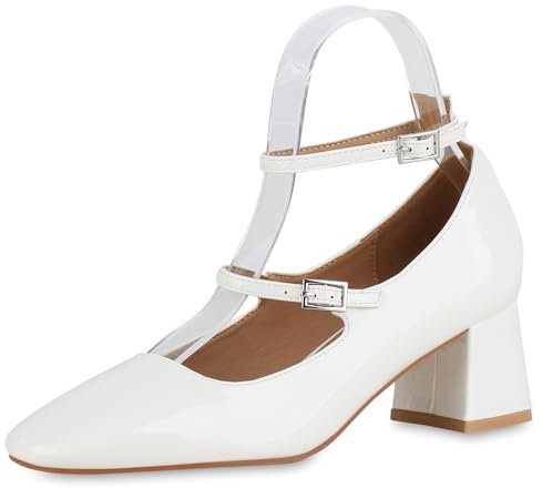 VAN HILL Damen Mary Janes Blockabsatz Lack Klassisch Schuhe 215346 Weiss 36